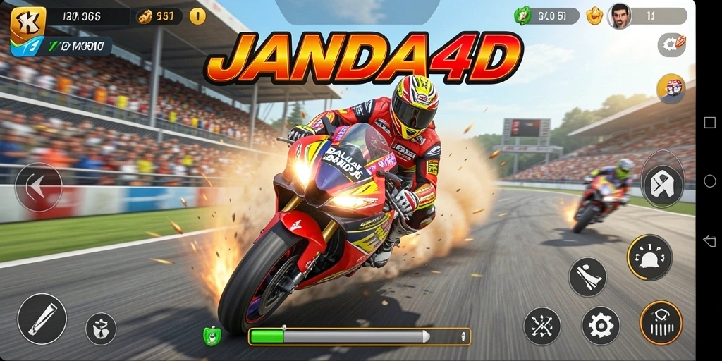 Screenshot gameplay JANDA4D menunjukkan balapan motor yang seru dan mendebarkan.