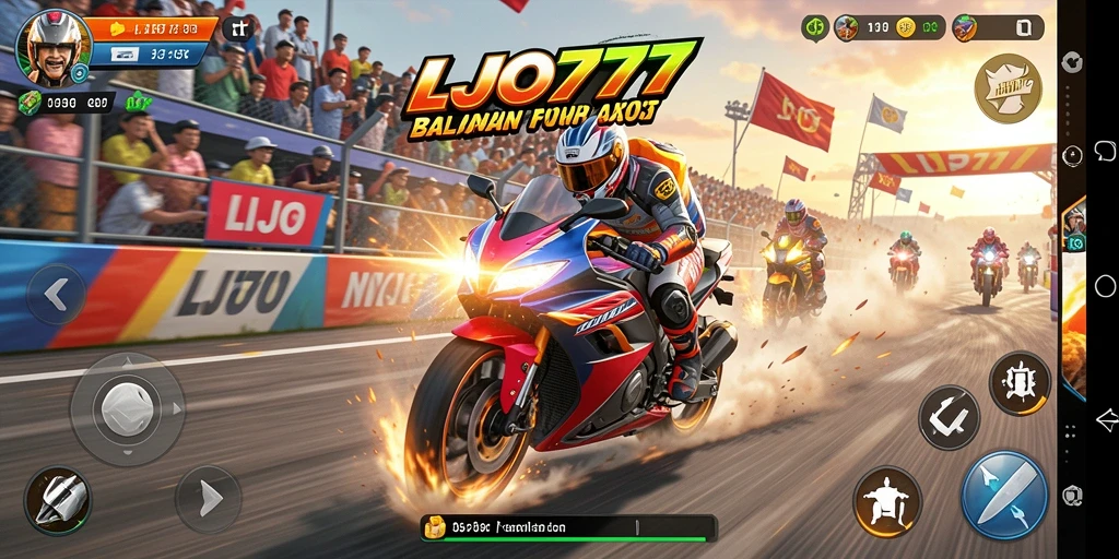 Screenshot LJO777 menampilkan aksi balapan motor yang menegangkan.