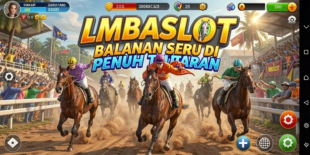 Screenshot gameplay LMBASLOT menunjukkan balapan seru di lintasan penuh tantangan.