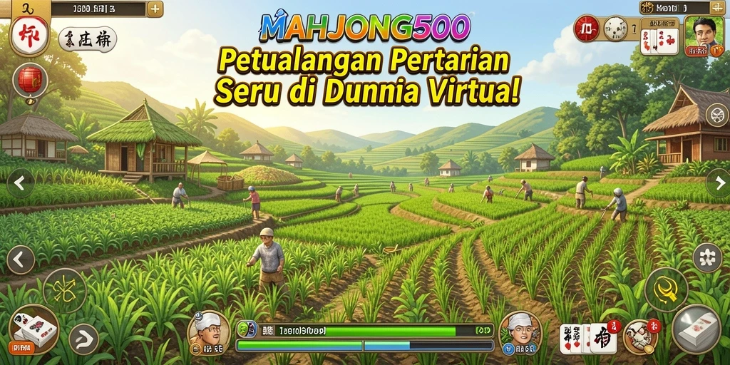 Screenshot gameplay MAHJONG500 menunjukkan ladang yang subur dan hewan ternak.