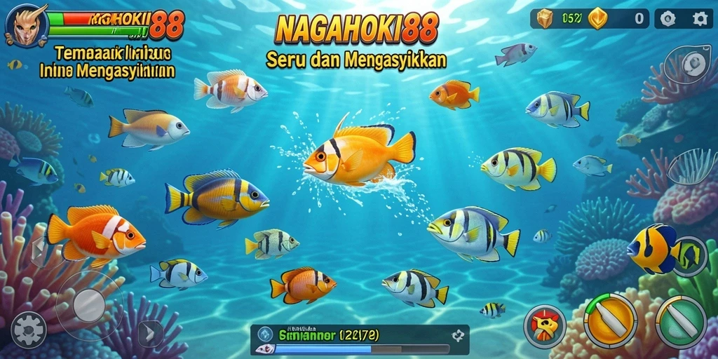 Screenshot gameplay NAGAHOKI88 yang menarik dengan ikan berwarna-warni.