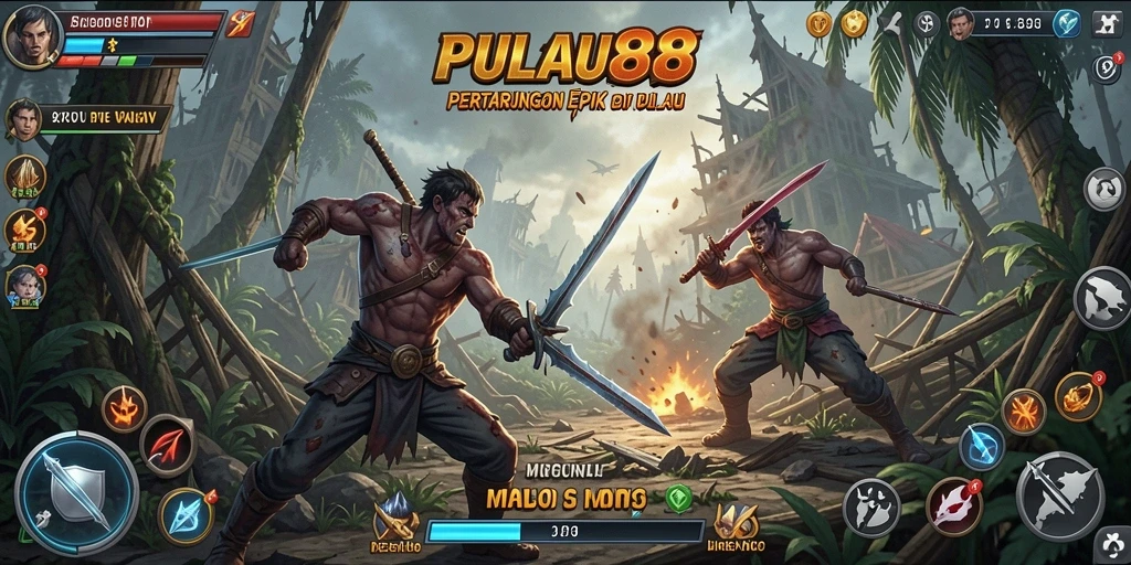Tampilan dinamis gameplay PULAU88 dengan aksi Battle Royale yang intens.