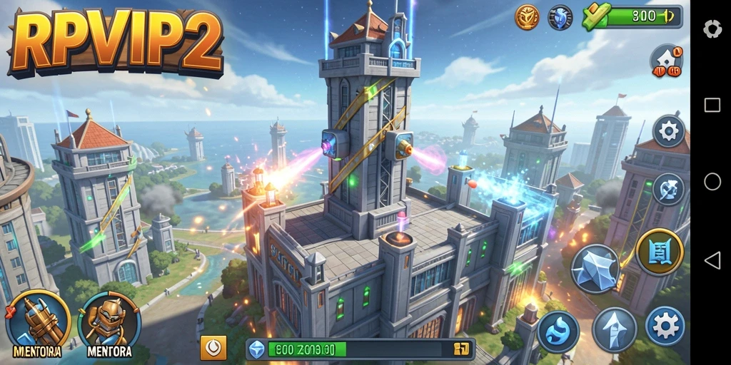 Tampilan gameplay RPVIP2 dengan menara pertahanan yang strategis.