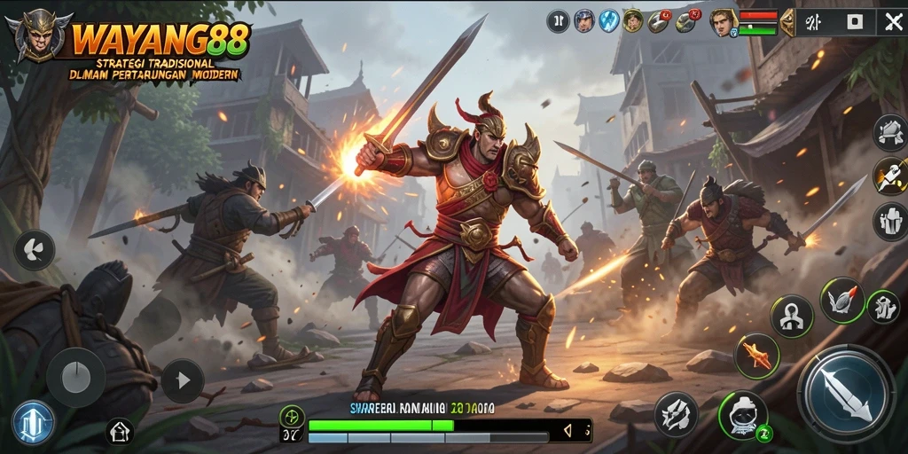 Tampilan gameplay menarik WAYANG88 dengan karakter wayang dalam aksi strategi.